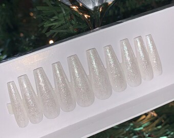Frosty White Sparkle Press On Nails | Snowflake Crystal White Winter Nails | Christmas Sparkly Nails | Silver | Holiday | New Years Nails