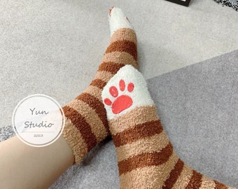 Calcetines de invierno de talla única para amantes de los gatos (juego de 2): linda pata de gato, lindo regalo para sus pantuflas, calcetines para el hogar