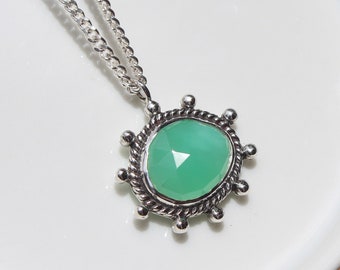 Faceted Green Chrysoprase Pendant with Twisted Border & Dotted Accents, 925 Sterling Silver, Curb Chain, Handmade Necklace