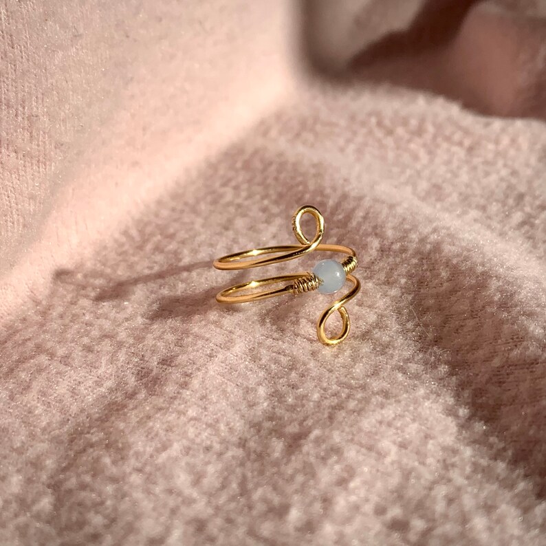 Adjustable Handmade Jewelry Gold Two-Band Wire Ring with Pale Blue Center Bead