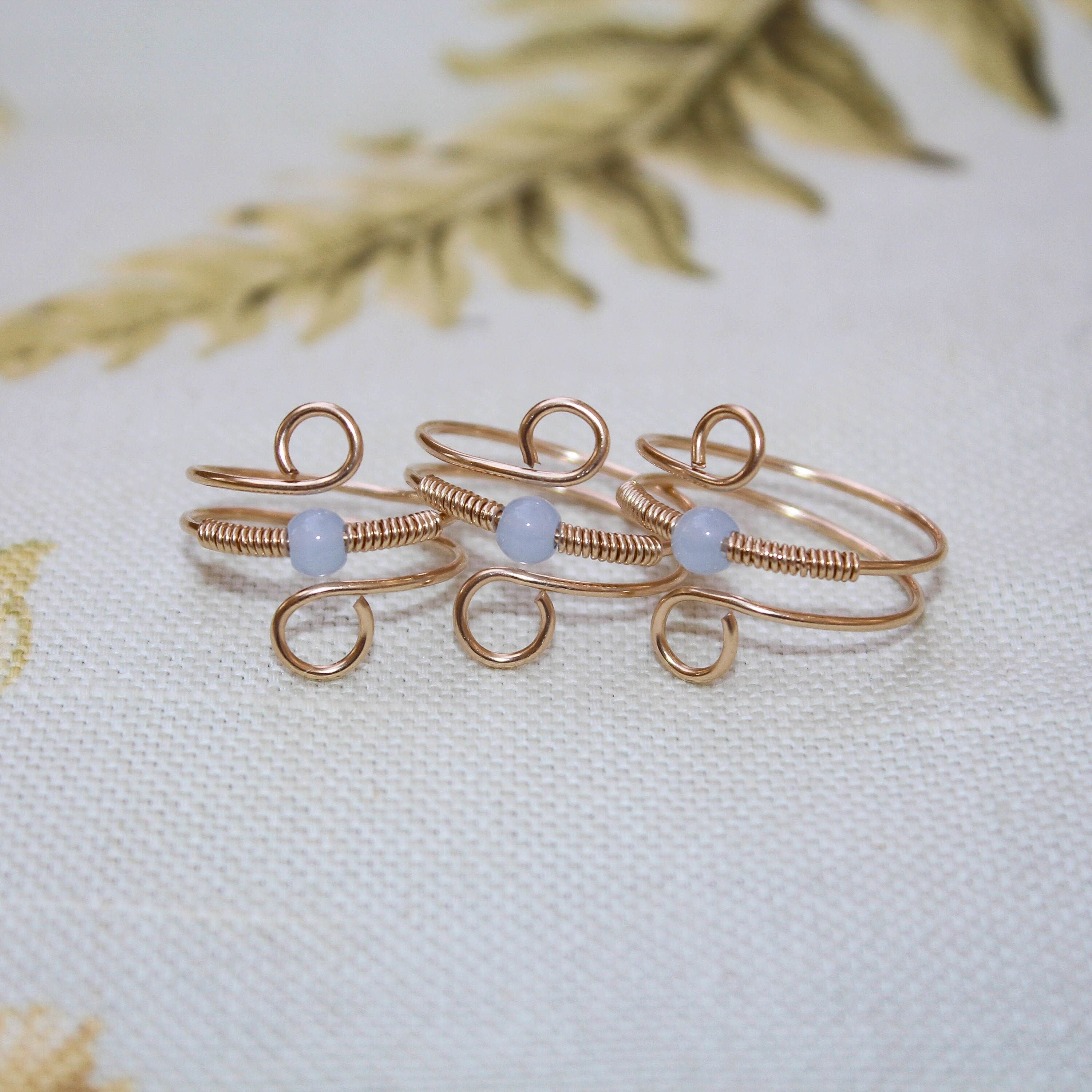 Gold Two-Band Wire Ring with Pale Blue Center Bead, Non-Tarnish Gold-…