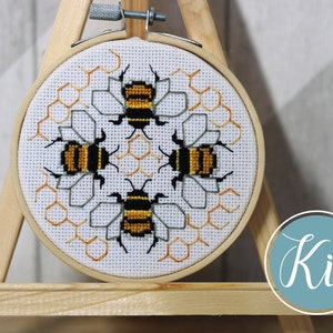 Four Bees Cross-stitch Hoop Kit, Modern Cross stitch Kit