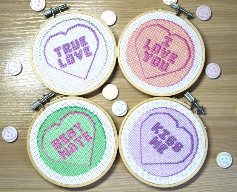 Customisable Pink Retro Sweets Cross-stitch Hoop kit, modern cross-stitch kit image 3