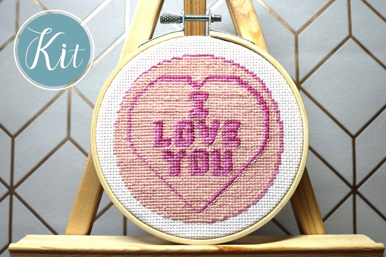 Customisable Pink Retro Sweets Cross-stitch Hoop kit, modern cross-stitch kit image 1