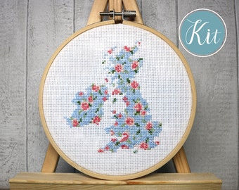 Floral British Isles - Pale Blue Cross-Stitch Hoop Kit, Modern Cross-Stitch Kit