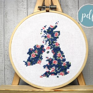 Floral British Isles cross-stitch hoop, modern cross stitch pattern