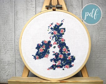 Floral British Isles cross-stitch hoop, modern cross stitch pattern