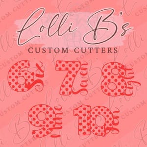 May include: A set of five red cookie cutters with white polka dots, shaped like the numbers 6, 7, 8, 9, and 10. The cookie cutters are on a pink background with the text "Lolli B's Custom Cutters".