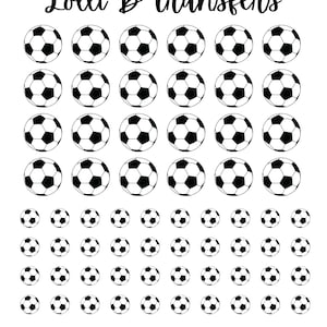 May include: A sheet of 48 black and white football iron-on transfers. The transfers are in various sizes, with the largest being about 2.5 cm in diameter. The transfers are perfect for adding a sporty touch to clothing, bags, and other items.