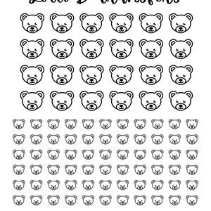 May include: A sheet of black and white bear outline stickers. The sheet contains 64 bear stickers. The text "Lolli B Transfers" is at the top of the sheet. The text "lollibcustomcutters.etsy.com" is at the bottom of the sheet.