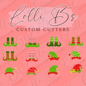 Puede incluir: Doce diseños digitales de cortadores de galletas con botas y sombreros de duendes en varios colores, incluyendo rojo, verde y blanco. Los diseños están sobre un fondo rosa con el texto "Lolli B's Custom Cutters".