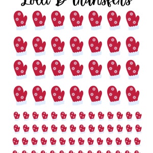 May include: A sheet of red and white mitten-shaped iron-on transfers with a white snowflake design. The sheet includes 49 transfers in total. The text "Lolli B Transfers" is at the top of the sheet. The text "lollibcustomcutters.etsy.com" is at the bottom of the sheet.