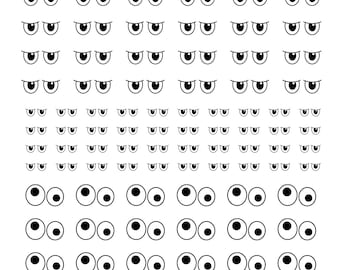 以下が含まれることがあります： クラフト用の白黒の目と眼球のデザインが書かれたシート。デザインは行と列に配置されています。シートの上部には「Lolli B Transfers」というテキストがあります。