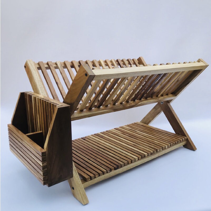 Versatile Teak Wood Dish Drying Rack Handcrafted Kitchen Organizer Eco