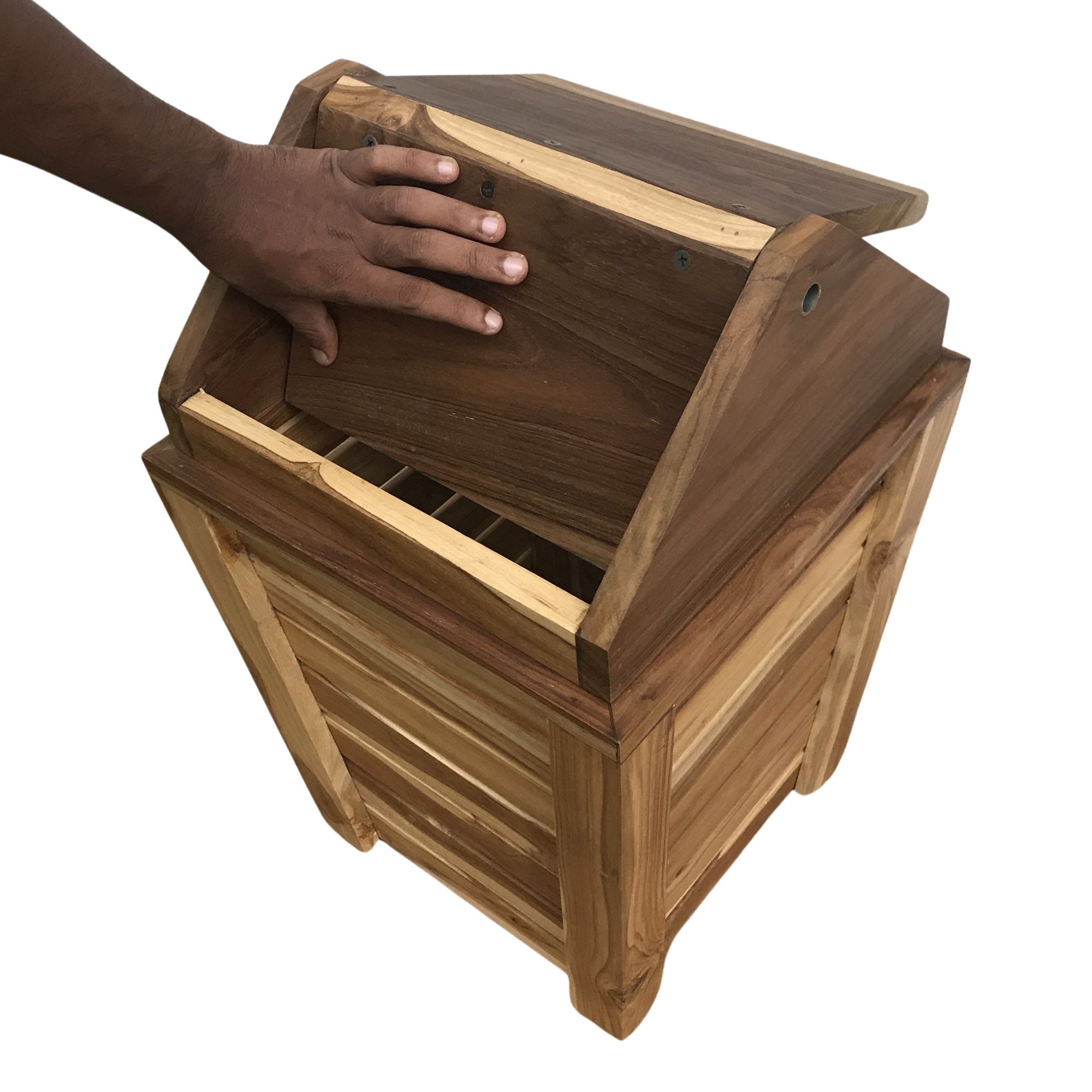 Teak Wood Trash Can With Swingtop Lid, Kitchen Trash Can, Ecofriendly