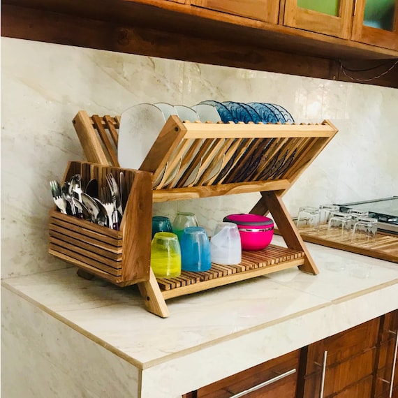 Bamboo Dish Drying Rack With Utensil Holder, Collapsible Wooden