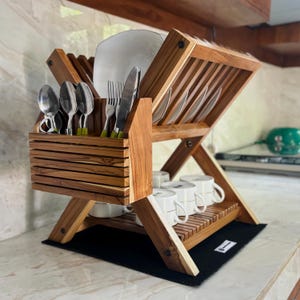 Handmade teak dish drying rack small wood plate rack multifunctional teak plate holder kitchen organizer wooden dish storage, utensil holder