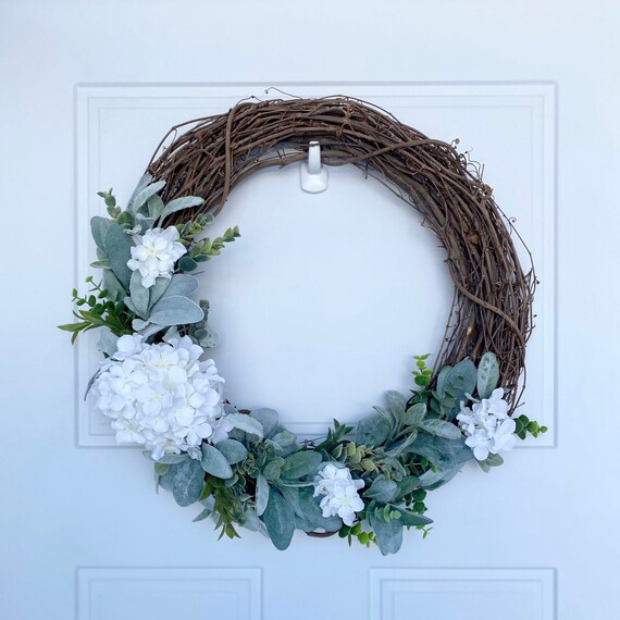 Year Round White Hydrangea Wreath, All Seasons Farmhouse Wreath, Year Round Lamb’s Ear & Eucalyptus Wreath, White Flower Farmhouse Wreath
