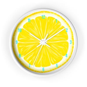 Reloj de pared con forma de rodaja de limón / Reloj de cocina con diseño de cítricos, decoración en amarillo brillante.