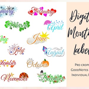 Könnte beinhalten: Zwölf bunte digitale Monats-Etiketten mit Illustrationen für jeden Monat des Jahres. Die Etiketten sind für die Verwendung in GoodNotes und als einzelne PNG-Dateien zugeschnitten. Die Etiketten enthalten Illustrationen wie Schneeflocken, Herzen, Kleeblätter, Regenschirme, Feuerwerk, Kürbisse und einen Schneemann.