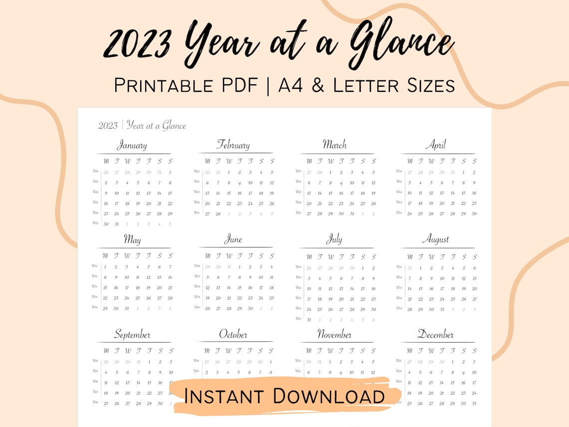 2023 Yearly Calendar Printable | Landscape Year at a Glance | Monday ...