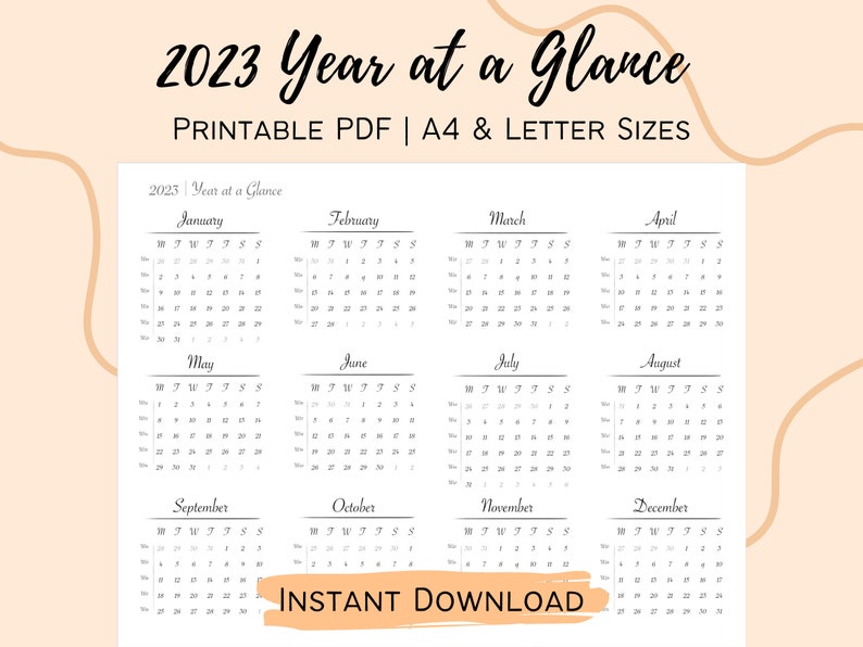 2023 Yearly Calendar Printable | Landscape Year at a Glance | Monday ...