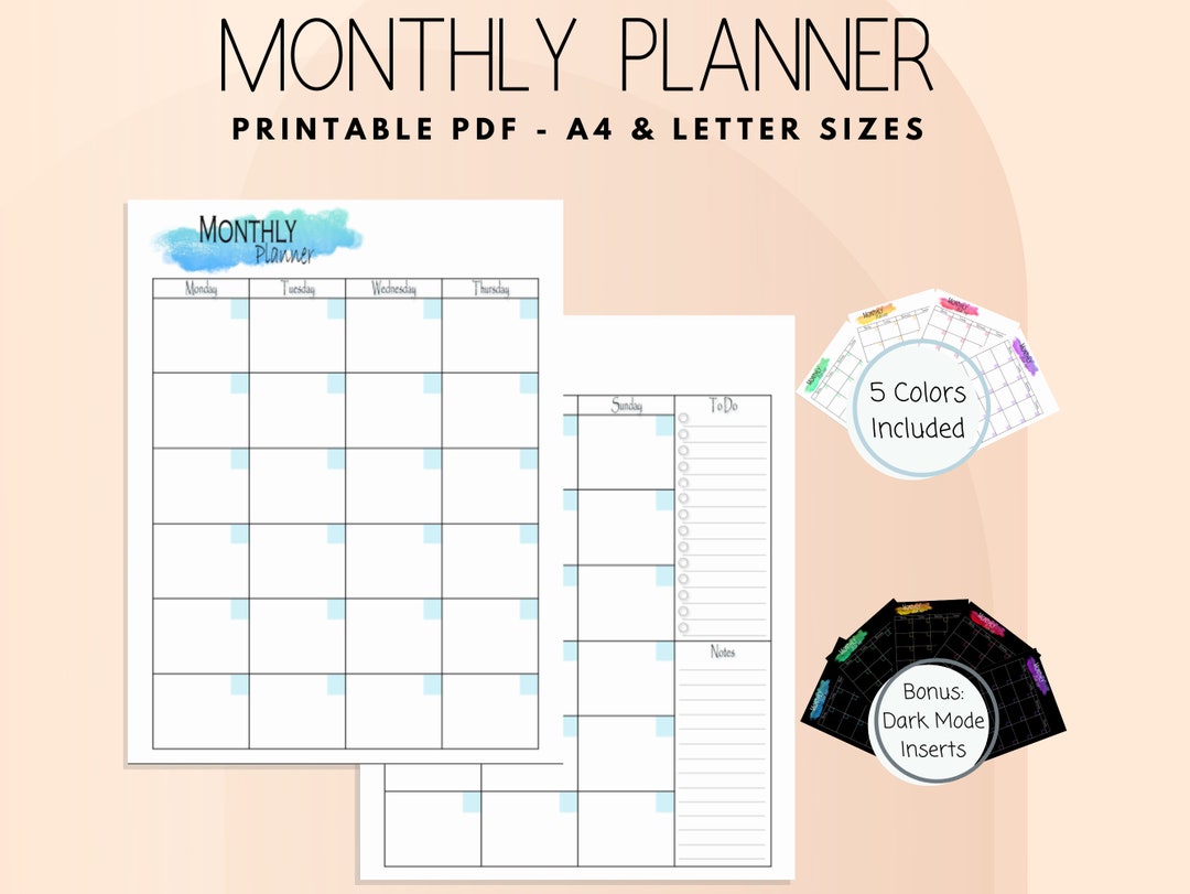 Monthly Planner Printable | Monthly Agenda and To-do List | Monday ...