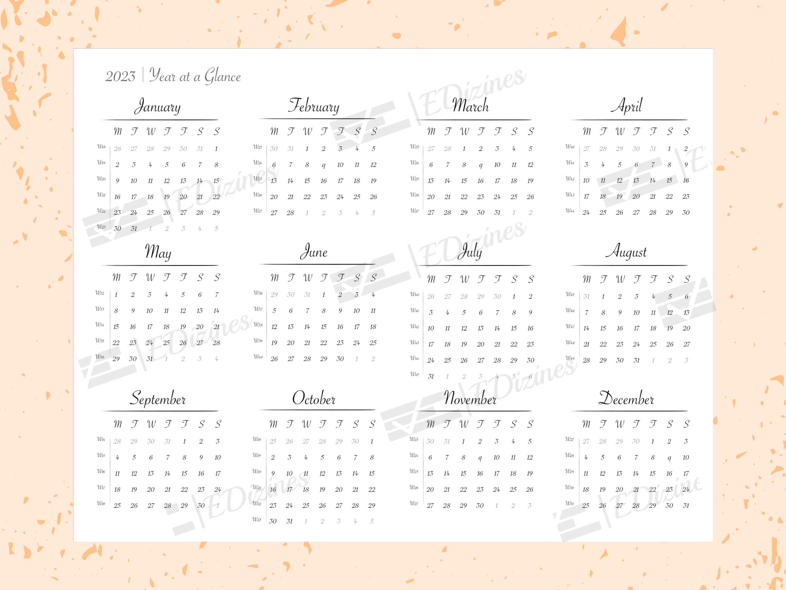 2023 Yearly Calendar Printable | Landscape Year at a Glance | Monday ...