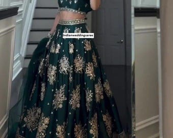 Lehenga Choli verde, abito da sposa pronto, abiti da sposa firmati, set etnico indiano Lehenga per damigella d'onore