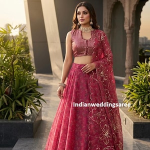 Pink Floral Organza Lehenga Choli Set • Sequins Work Indian Wedding Outfit
