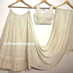 Off White Lehenga Choli: Georgette Thread & Sequins Embroidery, Indian Bridal Outfit