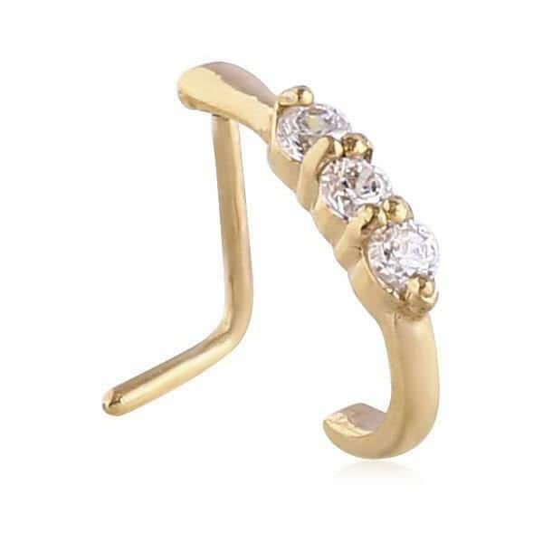 L Bend Nose Stud Ring Zircon Gold PVD Coated Steel Triple CZ Nose Hugger 20G