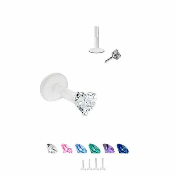 Nose Stud, Nose Screw Monroe Heart Bioflex Labret Style Push Pin Labret 18G 16G