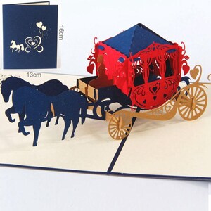 Biglietto di nozze pop-up 3D con bella carrozza e cavallo fatto a mano