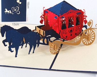 Belle carte pop-up 3D faite main avec cheval et calèche