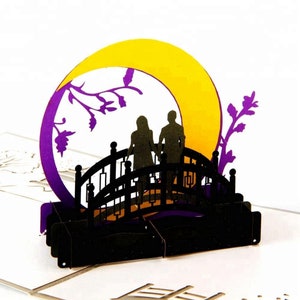 Biglietto di coppia adorabile / al tramonto della luna, notte di luna, biglietto pop-up 3D romantico fatto a mano. Biglietto d'amore / biglietto d'amore