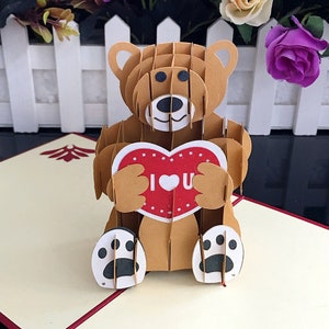 Tarjeta de osito de peluche, tarjeta desplegable, te amo, tarjeta de boda, día de San Valentín, aniversario, tarjeta para niños