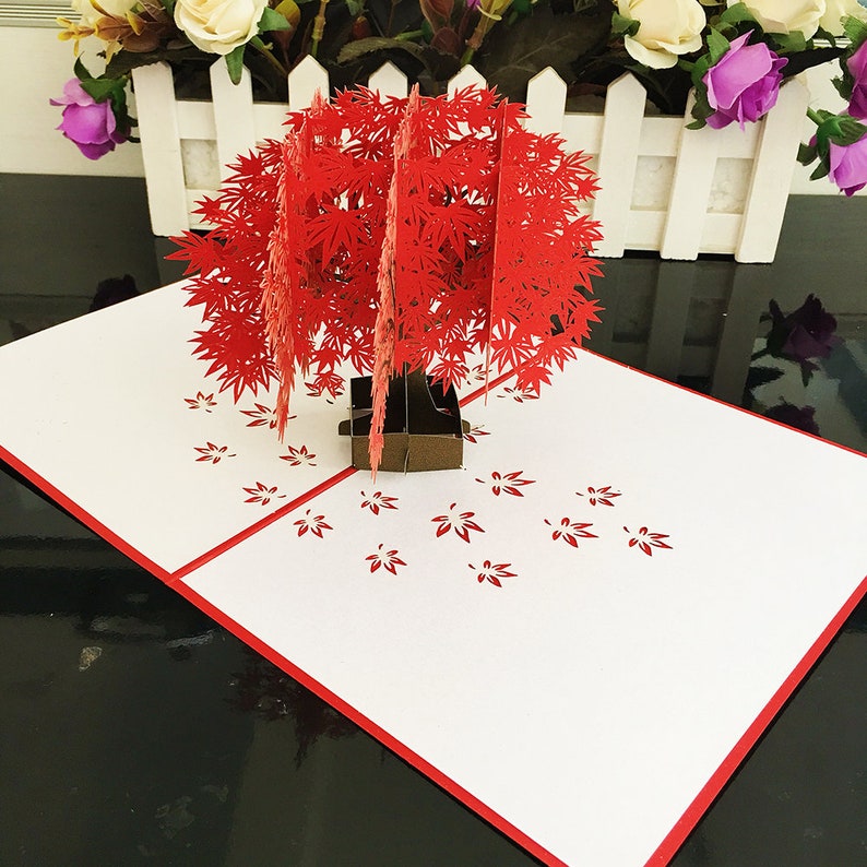 Red Maple Tree Popup Greeting Card, Wedding Card, Laser Cut Pop up