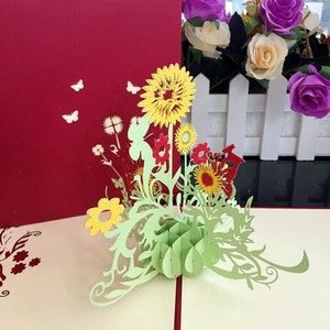 Tarjeta encantadora de la flor del sol / tarjeta de felicitación Tarjeta emergente 3D hecha a mano