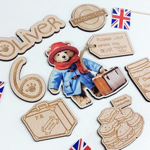 Personalised Paddington London Bear Cake Topper wooden charms set - London themed wood birthday cake decor - laser cut engraved decor