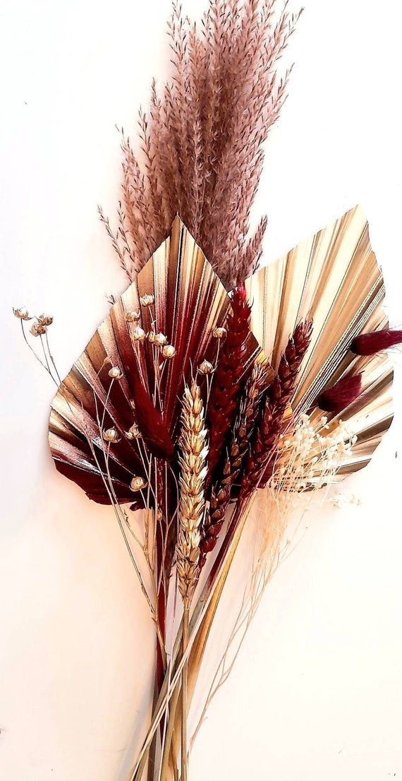 Dried Flower bouquet | burgundy maroon red & gold | cake topper | palm leaf autumn dry flowers diy arrangement | home decor | dried flowers