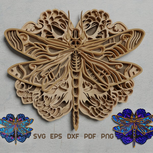 3D Dragonfly layered mandala svg,Wedding Panel, Files for Laser Cutting, Multilayer Decorative Panel Mandala svg for plywood and paper craft