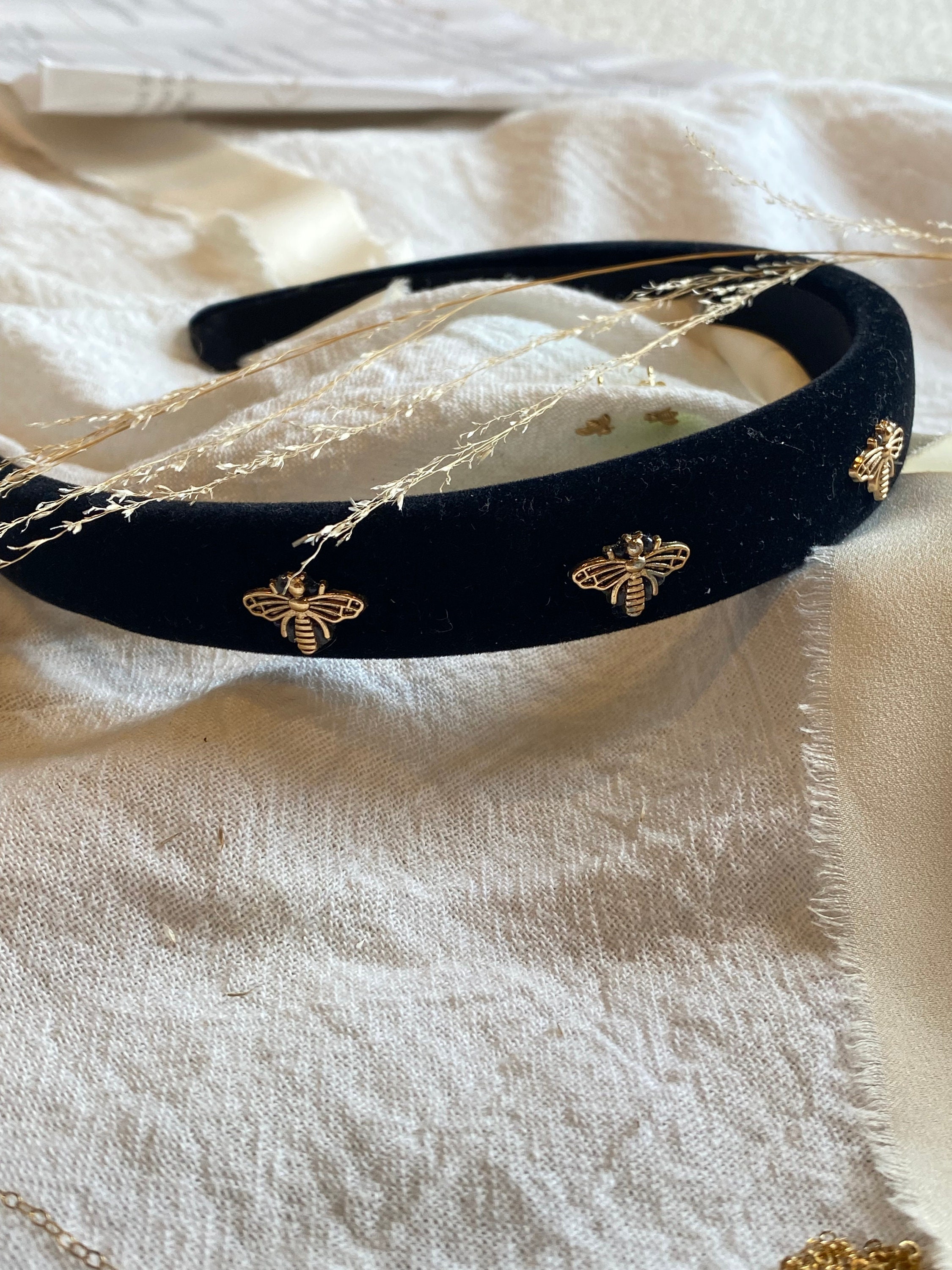 Chanel Black Velvet Large BOW Headband Gold & Black Enamel Crystal Logo Glam Headband - Velvet & strass, black & crystal — Fashion | CHANEL main image 4