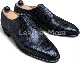 Men’s Handmade Black Alligator Oxford shoes, Men's crocodile embossed Oxford shoes