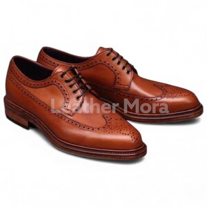 Handmade Tan Leather Oxford Brogue Dress Shoes – Classic Wingtip Formal Men’s Footwear image 1