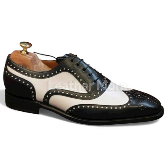 Men’s Handmade Black & White Wingtip Lace-Up Brogue – Formal Leather Shoes for Business or Party