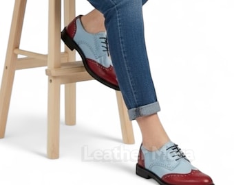 Chaussures richelieu en cuir bleues et rouges pour femmes faites à la main - Chaussures de ville richelieu à lacets, chaussures de bureau et de soirée