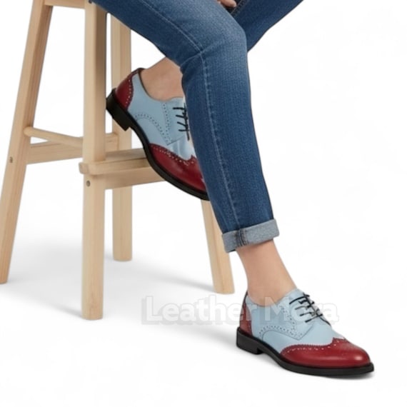 Handmade Women's Blue & Red Leather Oxford Shoes - Wingtip Lace-Up Brogue Dress Shoes, Formal Office And Party Footwear Handmade Women's Blue & Red Leather Oxford Shoes - Wingtip Lace-Up Brogue Dress Shoes, Formal Office And Party Footwear