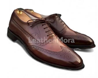 Handmade Brown Leather Wingtip Oxford Brogue Shoes – Men’s Formal Dress Footwear for Office, Business, and Party Wear