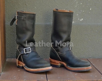 Handmade Men’s Black Biker Boots – Motorcycle Monk Strap Boots for Men, Durable Riding and Work Footwear